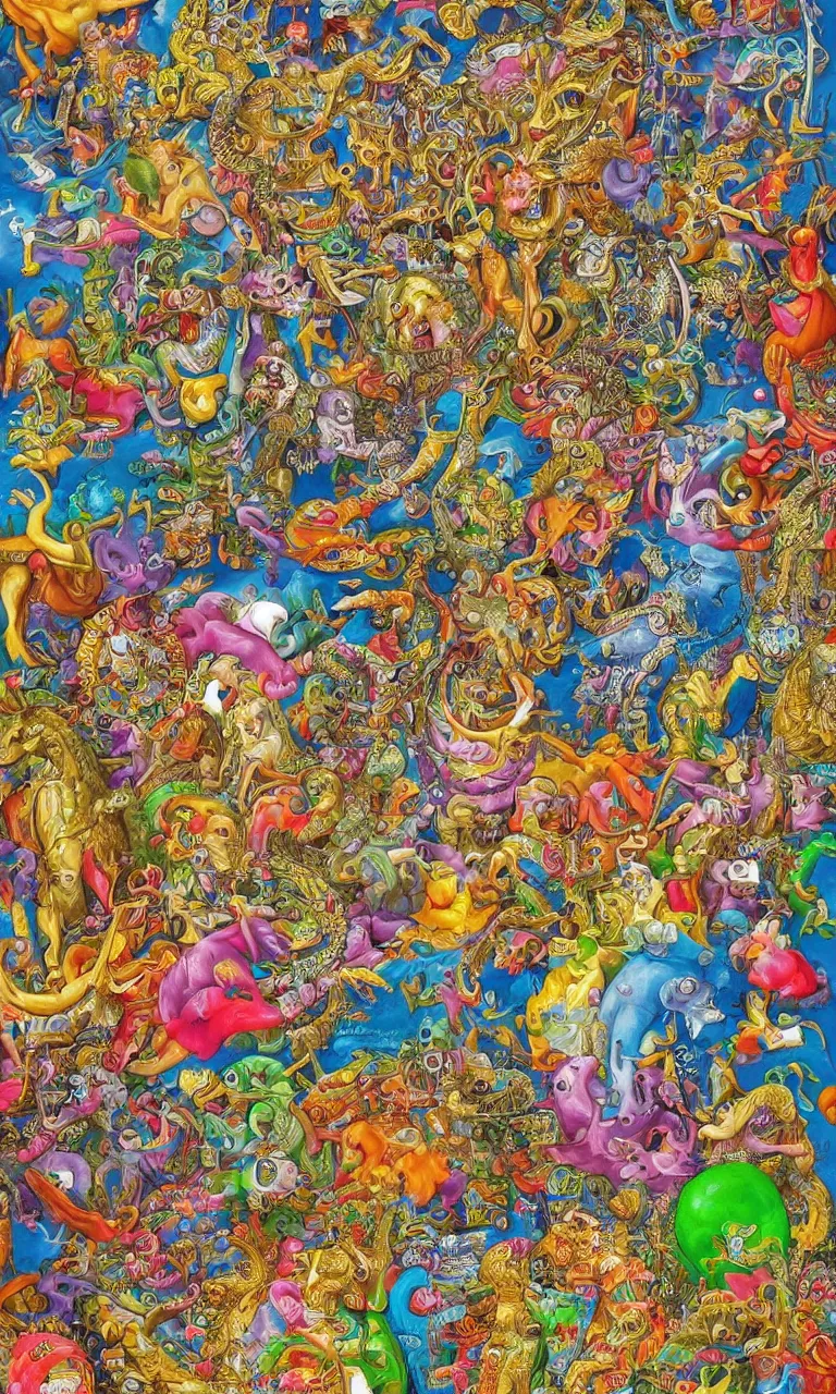 Image similar to an incredibly detailed masterpiece painting of a I SPY puzzle by bosch and lisa frank, ornate, beautiful, bold colors, detailed, high resolution, wow!, intricate