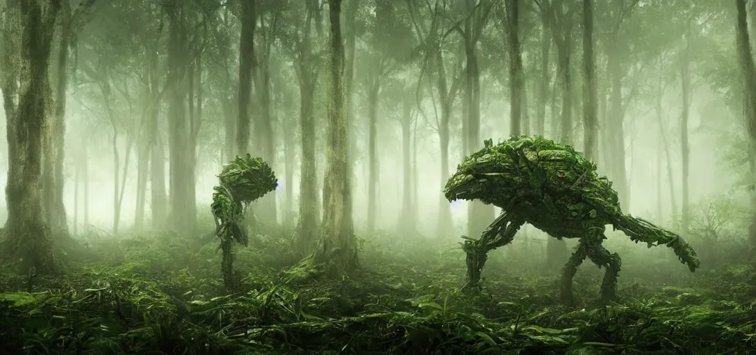 Image similar to a complex organic fractal 3 d metallic symbiotic ceramic humanoid megastructure creature in a swampy lush forest, foggy, cinematic shot, photo still from movie by denis villeneuve, wayne barlowe