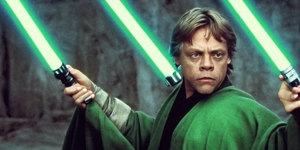 Prompt: a still from a film featuring middle aged mark hamill as jedi master luke skywalker, holding a green lightsaber by the hilt, full body, 3 5 mm, directed by steven spielberg, 1 9 9 9