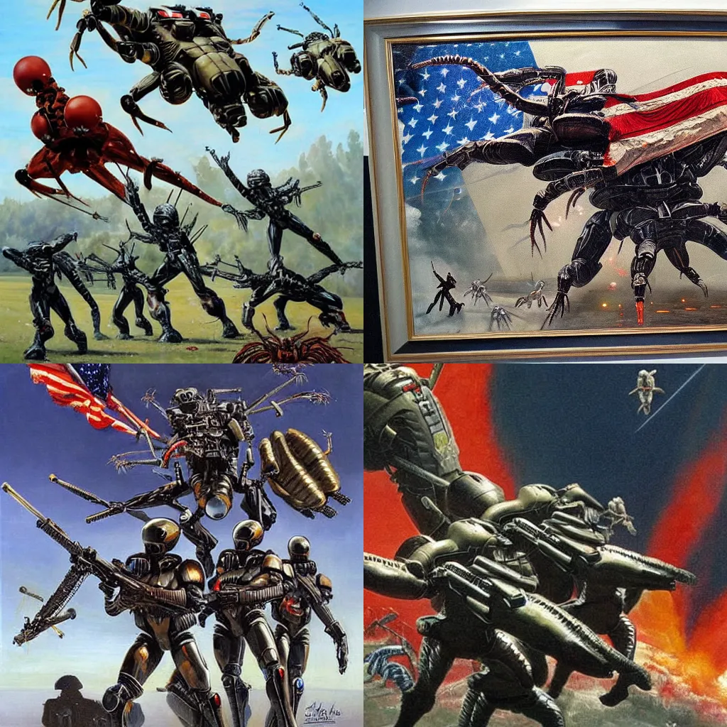 Prompt: a patriotic, grandiose painting of starship troopers being killed by giant arachnids, scifi painting, really good