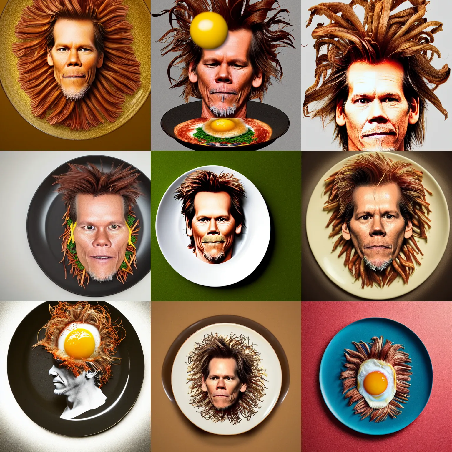 Prompt: a photo of kevin bacon, his hair made of bacon and eggs on a plate, rendered in octane by arcimboldo