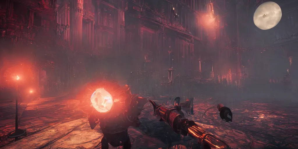 Image similar to bioshock infinite mixed with bloodborne, floating city, brightly colored, terrifying