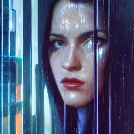 Image similar to detailed face of a woman, moment, cyberpunk cloisters, electronic billboards, tech noir, wet reflections, prism, atmospheric, ambient, pj crook, syd mead, livia prima, greg rutkowski, edward hopper