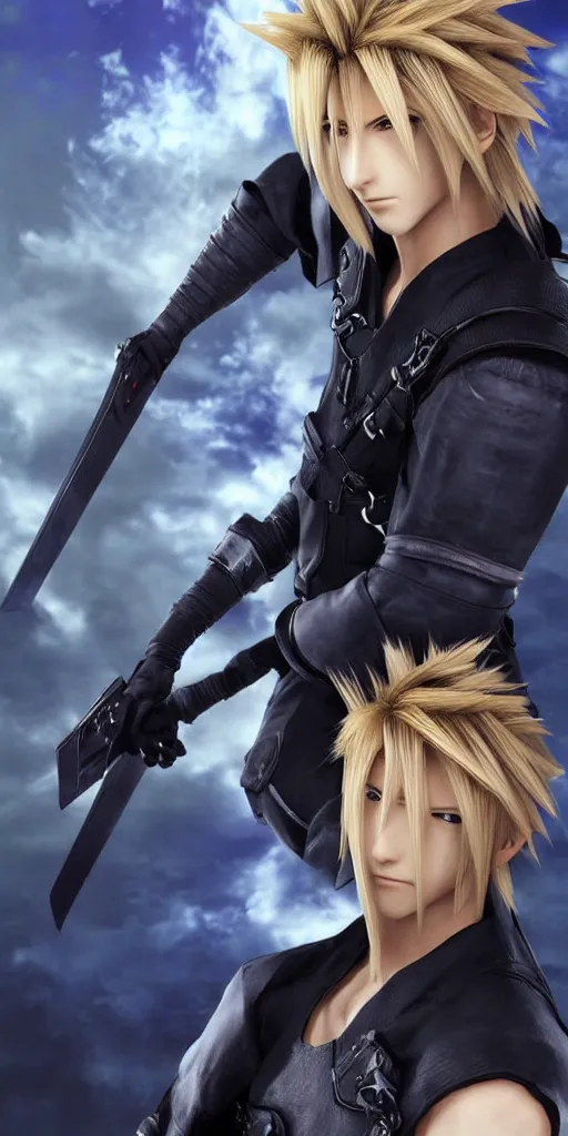 Image similar to cloud strife poster. 3 d. highres