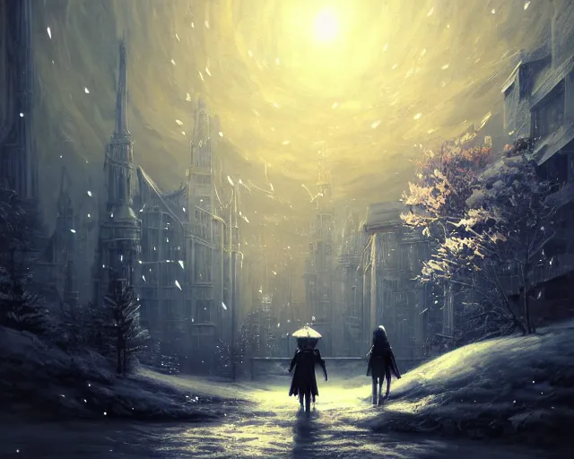 Image similar to scenery artwork, scene beautiful, light!! light essential calm and cozy winter world snow and night, surrealism oil on canvas, artstation!! pixiv!! dream scenery, quality wlop projection render, nier automata concept art, vaporwave textures