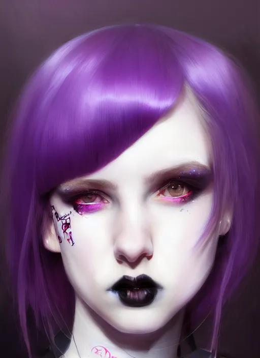 Image similar to portrait of white teenage girl, normal face, white bangs, mall goth, cyberlox, black and white hair, bangs, fluffy bangs, red contact lenses, purple lipstick, intricate, elegant, highly detailed, digital painting, artstation, concept art, sharp focus, smooth, illustration, art by wlop, mars ravelo and greg rutkowski