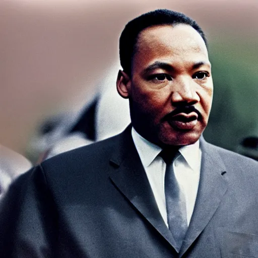 Prompt: UHD color candid photo of Martin Luther King Jr. as Superman, accurate face UHD photorealistic correct face photo by Annie Leibowitz