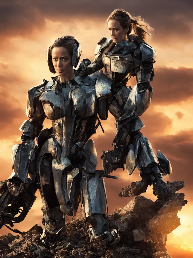 Prompt: emily blunt in futuristic power armor, close up portrait, solitary heroic figure, standing atop a pile of rubble, holding a sword on her shoulder, sunset and huge cumulus clouds behind her