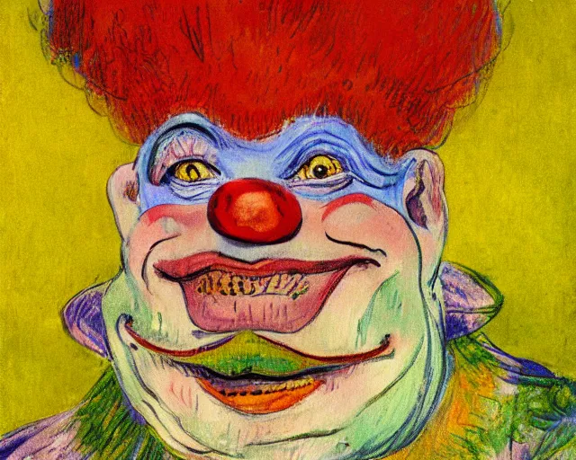 Prompt: The Clown Frog King welcomes you Clown World, painting by Henri de Toulouse-Lautrec, clown frog king in clown makeup and rainbow wig, chaotic