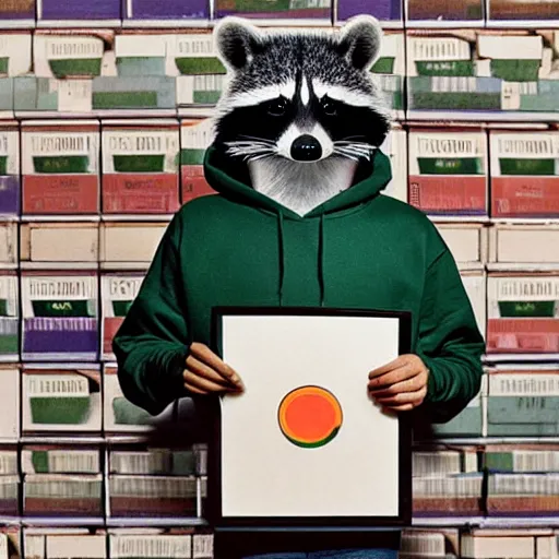 Image similar to medium shot, photo of a person in a detailed hyperrealistic raccoon mask, wearing a dark green hoodie, holding a pile of vinyl records, 8 0 - s, polaroid photo, by warhol,