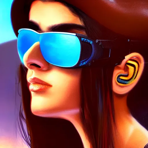 Prompt: closeup painting of a very beautiful young mexican cyberpunk woman with a smirk, wearing light blue shutter shades and a dark brown leather jacket, one side haircut, brown hair, portrait, hyperdetailed, artstation, cgsociety, 8 k, synthwave by tangerine dream