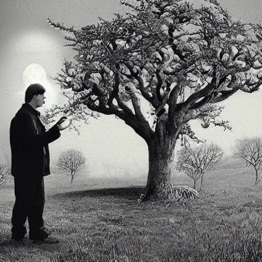 Prompt: a man is standing by apple tree. he watches a woman who has a very large silver key. folk horror. eerie. fine detail. realistic. fireflies. full moon