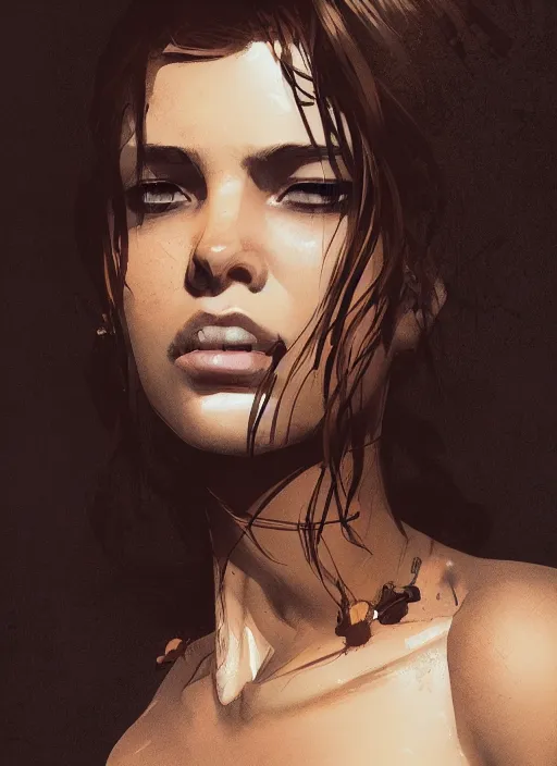 Image similar to portrait of a latin young woman, curlybrown hair and, wearing round thin, she has a big, round jawline, dramatic lighting, illustration by greg rutkowski, yoji shinkawa, 4 k, digital art, concept art, trending on artstation