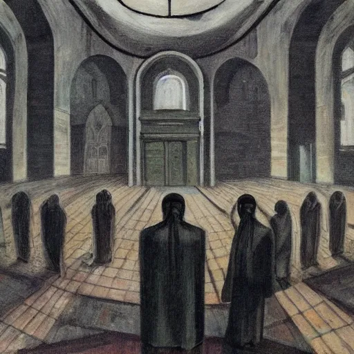 Image similar to apocalyptic scene, prayer, occult, refugees, mosque synagogue interior, gas masks, geometric art, patina, Edward Hopper, PJ Crook