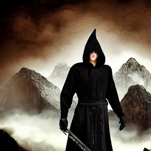 Image similar to a realistic full body of Konnor, a dragonblood, a black hood with black robes, extremely realistic and detailed, standing in front of a mountain