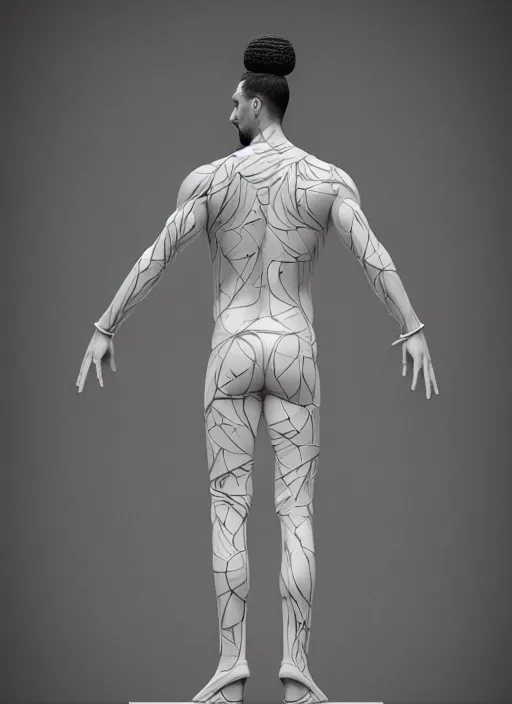 Image similar to a statue made of white marble with gold veins, of klay thompson, transhumanism, full body shot, perfect symmetrical body, perfect symmetrical face, hyper realistic, hyper detailed, by johannen voss, by peter kemp, by monia merlo, by michelangelo, octane render, blender, 8 k