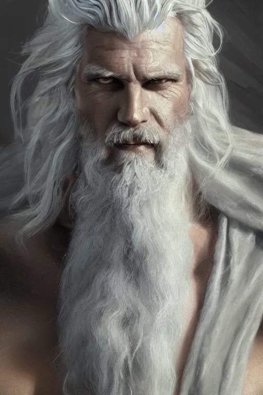 Prompt: painted portrait of rugged zeus, god of thunder, greek god, white hair, masculine, mature, handsome, upper body, muscular, hairy chest, fantasy, intricate, elegant, highly detailed, digital painting, artstation, concept art, smooth, sharp focus, illustration, art by gaston bussiere and craig mullins