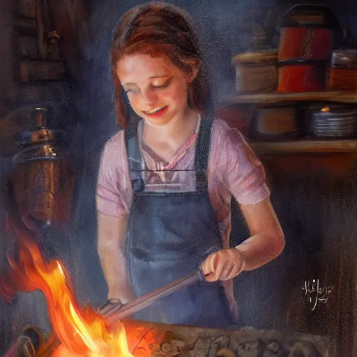 Image similar to the blacksmits’ daughter working in the forge, a smile at her face, dramatic light, fire, fantasy art in the style of Lilia Alvarado,