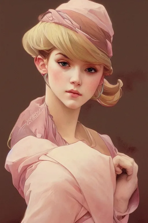 Prompt: portrait, soft, pink, artgerm and alphonse mucha, trending on artstation