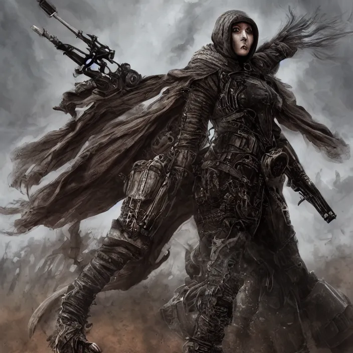 Image similar to beautiful apocalyptic woman in hooded cloak, standing on mad max panzer tank, hyper-detailed, smooth, sharp focus, 4k ultra hd, fantasy dark art, tank girl, artgerm, artstation, octane render, elegant, detailed digital painting, apocalyptic art