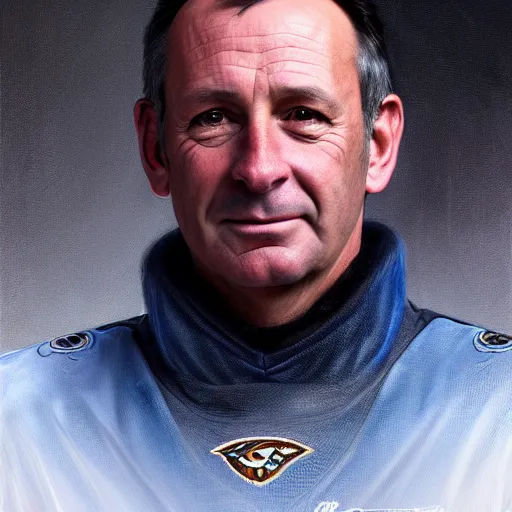 Image similar to beautiful portrait of hockey coach Malarchuk Clint, fantasy, intricate, elegant, highly detailed, digital painting, artstation, concept art, smooth, sharp focus, luxury fashion illustration, art by artgerm and greg rutkowski and alphonse mucha, brightly lit cinematic soft lighting, photorealistic