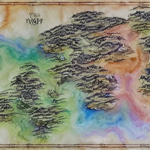 Prompt: D&D style fantasy map design, watercolour