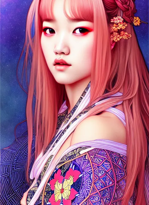 Image similar to jossi of blackpink, yukata, tarot card, highly detailed, digital painting, smooth, sharp focus, illustration, ultra realistic, 8 k, art by artgerm and alphonse mucha