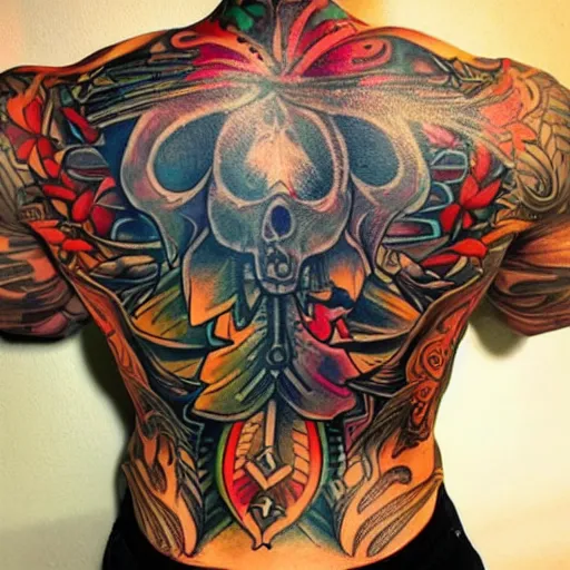 Image similar to a picture of my new back tattoo of a muscular back, bright colorful ink