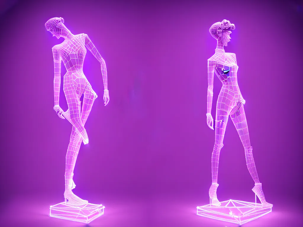 Image similar to beautiful mannequin sculpted out of amethyst by billelis + lit with purple 3 d geometric neon + chrome geometric cubed bonsai plants!!!!, doorway opening with neon pink geometric light, clean linework, dramatic, finely detailed, rule of thirds, moody, confident, award winning, 4 k, trending on artstation, photorealistic, volumetric lighting, octane render