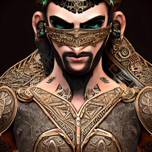 Image similar to D&D rogue character art:: Arabian warrior, intricate ornate armor, half-mask, tattoo, muscle, full body portraits, 35mm, position, cinematic litghing, realism concept art composition, ultra realistic, realism, cinematic, photorealistic, epic scene, low-key lighting, renderman, physically based render, dolby vision, 4k, super detailed, 8K, fantasy, detailed painting, long neck, long anatomy, mixed up, extra anatomy, style of charlie bowater, tom bagsgaw, artgerm, rule of thirds
