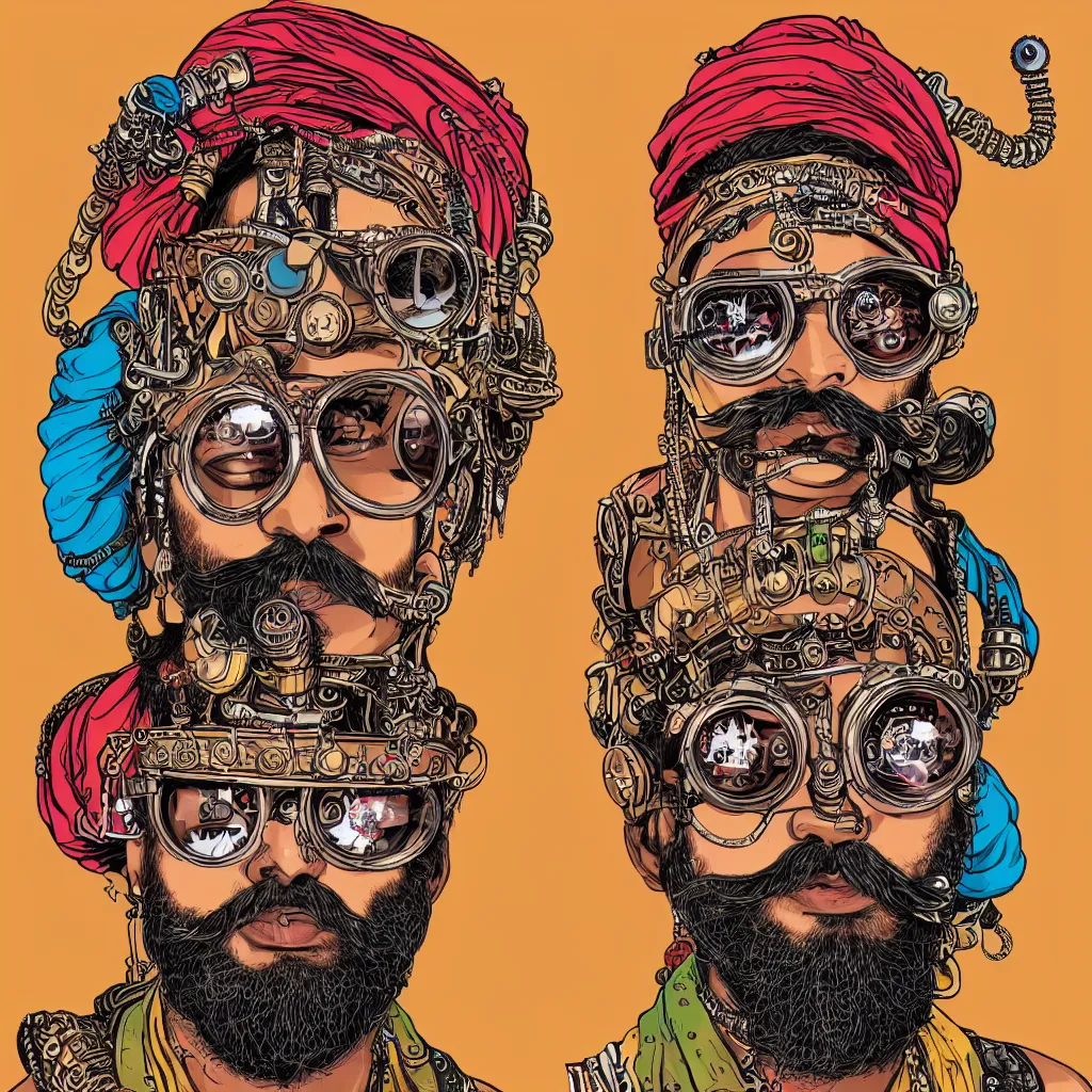 Image similar to face portrait of an indian man with long neon moustache rajasthani pagdi wearing madmax style steampunk goggles and steampunk jewelry, art by butcher billy, sticker, colorful, illustration, highly detailed, simple, smooth and clean vector curves, no jagged lines, vector art, smooth