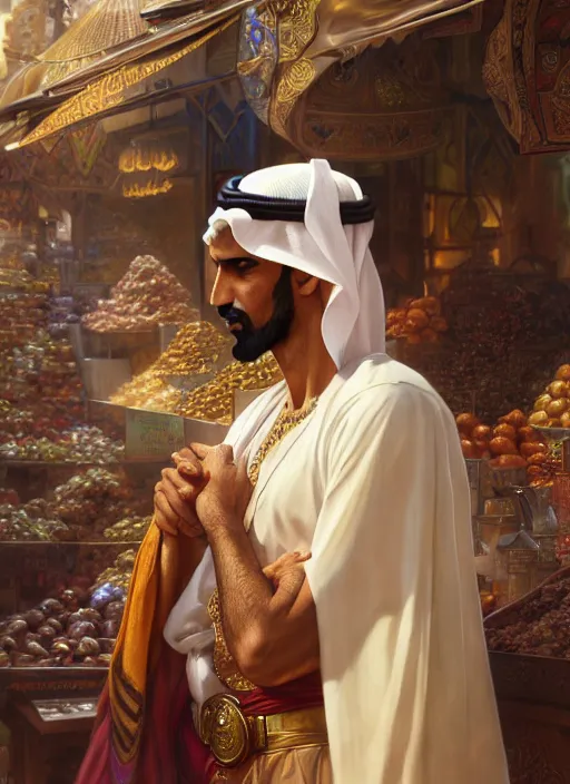 Image similar to an arabian man in the market, shiny, fantasy, intricate, elegant, hyper detailed, ultra definition, photoreal, artstation, unreal engine rendered, concept art, smooth, sharp focus, illustration, art by artgerm and greg rutkowski and alphonse mucha and garis edelweiss