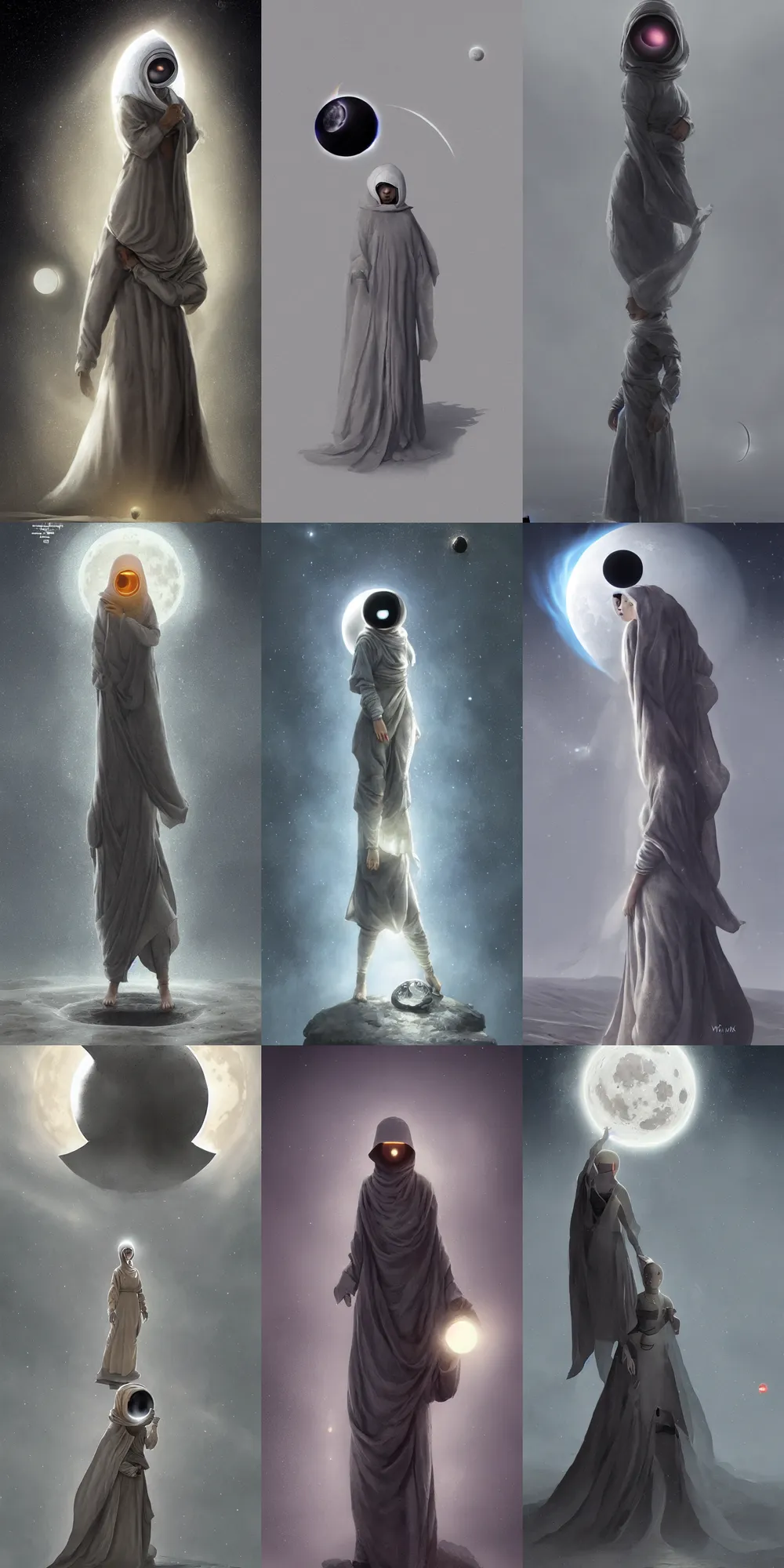 Prompt: futuristic female monk in grey cloth with a black hole instead of her head, standing on the moon, her head is a black-hole surrounded by glowing matter, very aesthetic, moon surface background, by wlop, rtgerm, nuri iyem, james gurney, greg rutkowski, highly detailed