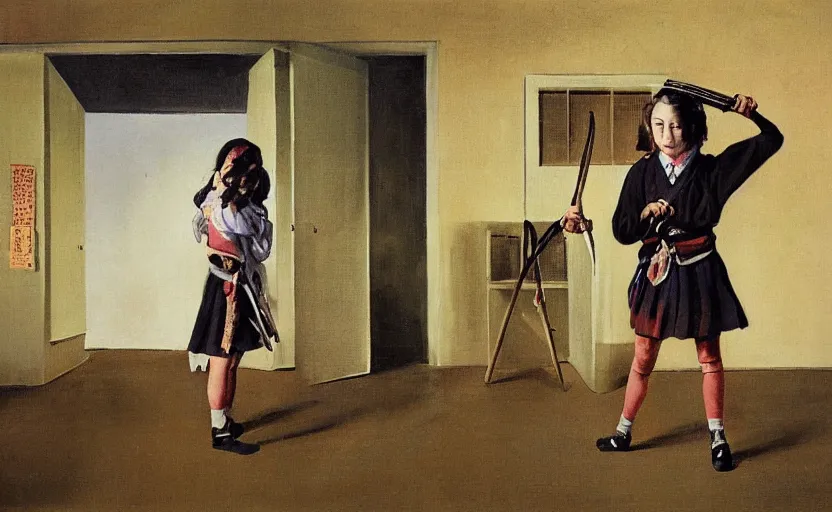 Prompt: School girl holding a katana and standing on an abandoned hospital room, by Salvador Dali