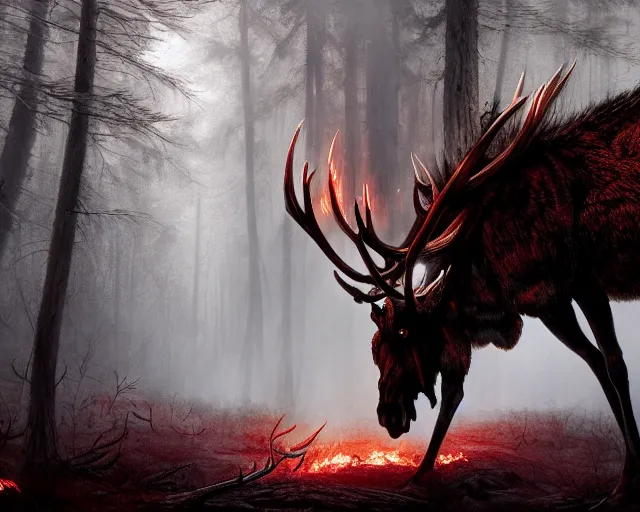 Image similar to 5 5 mm close up portrait photo of an armored demonic burning moose with red eyes and antlers and looking at the camera, in a magical forest. dark atmosphere. art by greg rutkowski and luis royo. highly detailed 8 k. intricate. lifelike. soft light. nikon d 8 5 0.