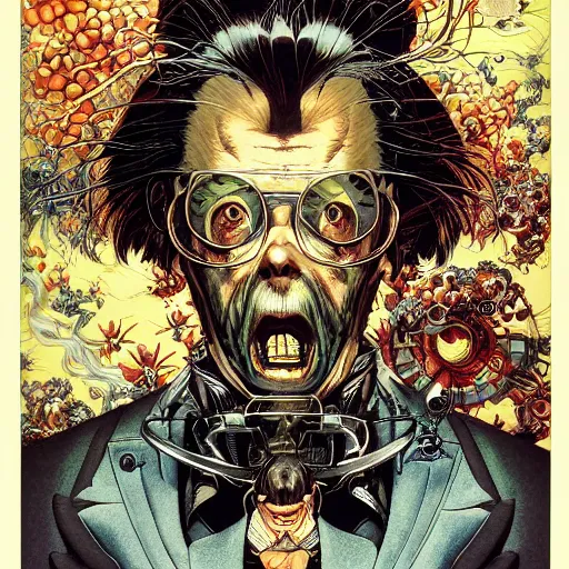 Image similar to portrait of crazy scientist, symmetrical, by yoichi hatakenaka, masamune shirow, josan gonzales and dan mumford, ayami kojima, takato yamamoto, barclay shaw, karol bak, yukito kishiro