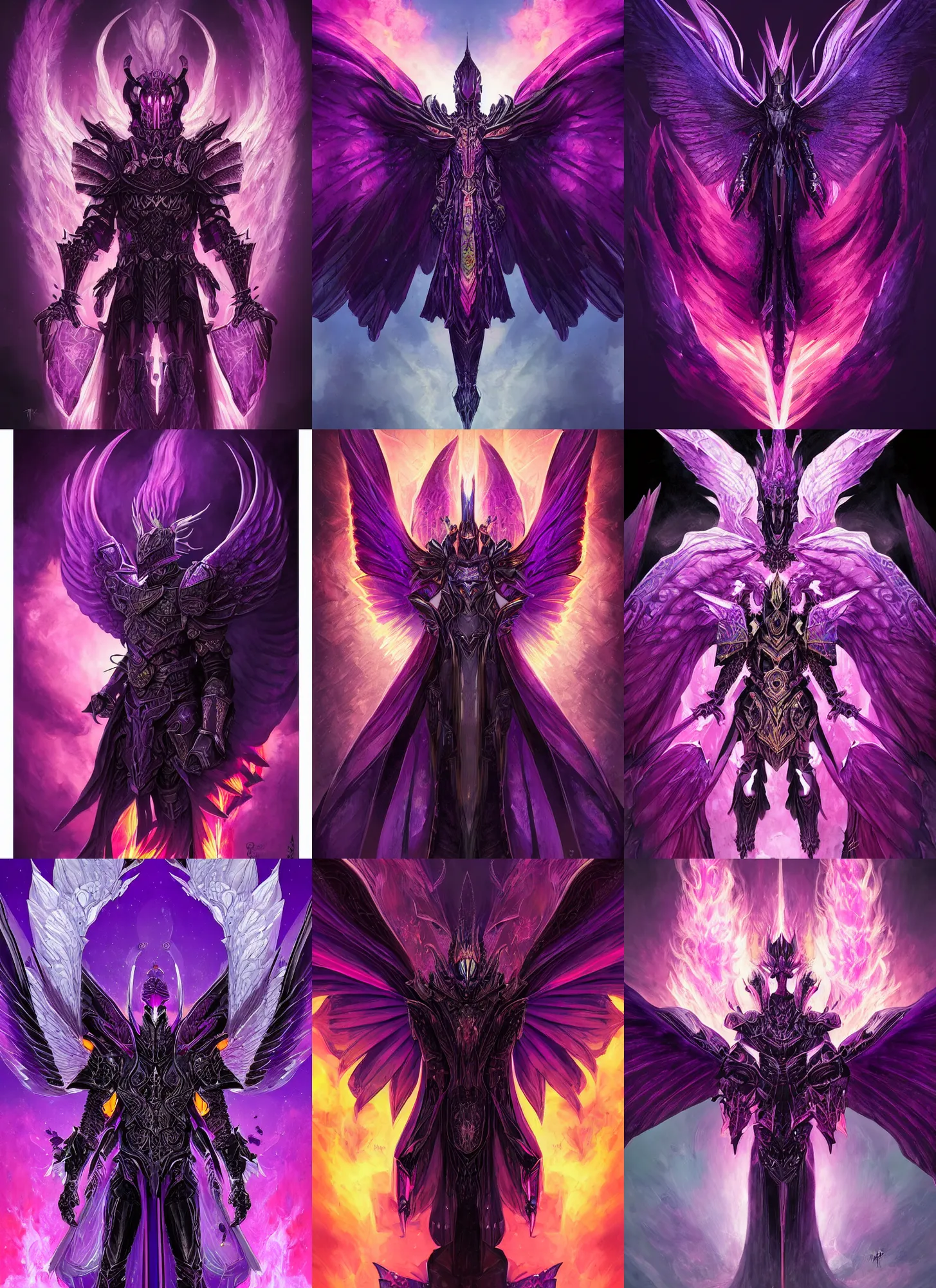 Prompt: portrait of a resurrected black knight, huge symmetric wings, covered in purple fire, dark fantasy, detailed, smooth, sharp focus, colorful, digital illustration, by frank franzzeta, rossdraws, sakimichan, chiaroscuro