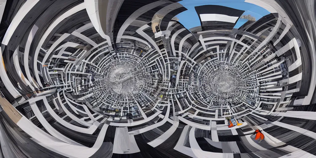 Image similar to equirectangular 360 vr urban street twisted into spiral, highly detailed, photorealistic, reflections, smooth, sharp focus, concept art, illustration, beautiful, geometric, trending on artstation, cinematic, featured on behance , artwork by WLOP and Tran, Ross