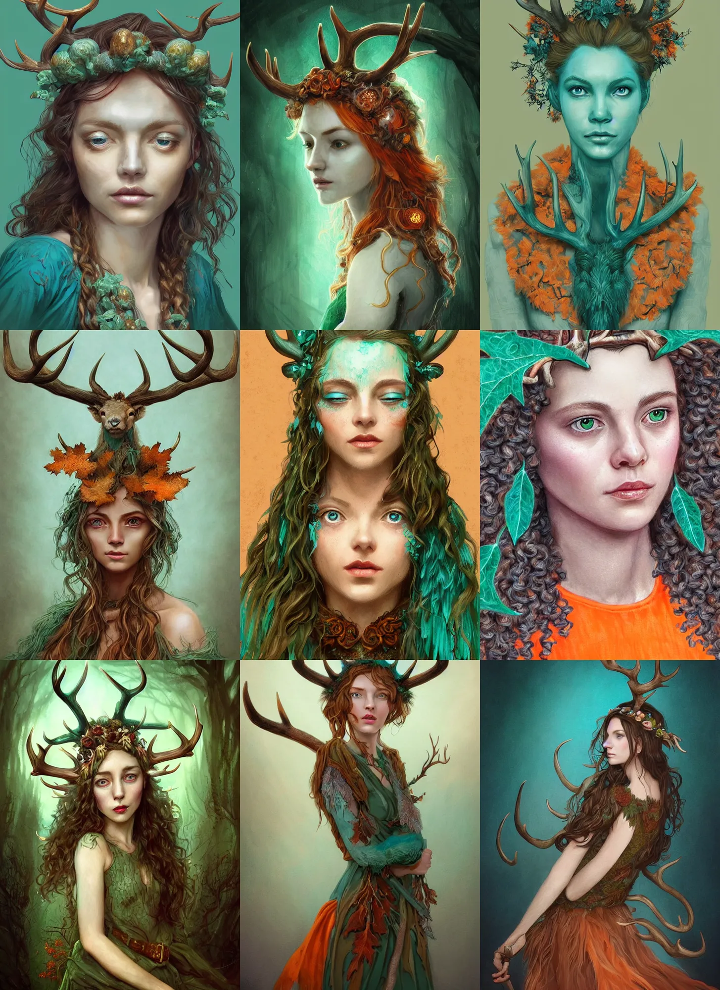 Prompt: beautiful digital painting of freya allan with teal skin and antlers made from wood on her head, brown curly hair with orange oak leaves, in a green dress D&D, fantasy, intricate, beautiful eyes, cinematic lighting, highly detailed, digital painting, Artstation, concept art, smooth, sharp focus, illustration, art by Artgerm and Greg Rutkowski, Alphonse Mucha and Rossdraws