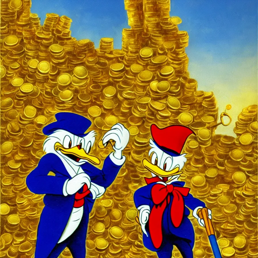 Image similar to Scrooge McDuck from the Duck Tales in blue costume standing on a mountain of golden gold and holding a cane, view from below, full body portrait including head, oil painting, highly detailed