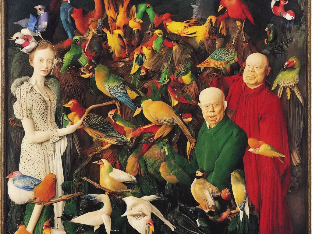 Prompt: Portrait of Meth addict with beautiful, exotic birds. Painting by Jan van Eyck, Audubon, Maria Sybilla Merian, August Sander, Rene Magritte, Agnes Pelton, Max Ernst, Walton Ford