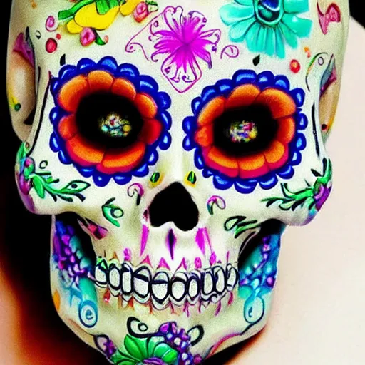 Prompt: beautiful dia de muertos sugar skull artwork on a real human skull, 1 6 k resolution, ultra realistic, highly detailed, colorful, festive