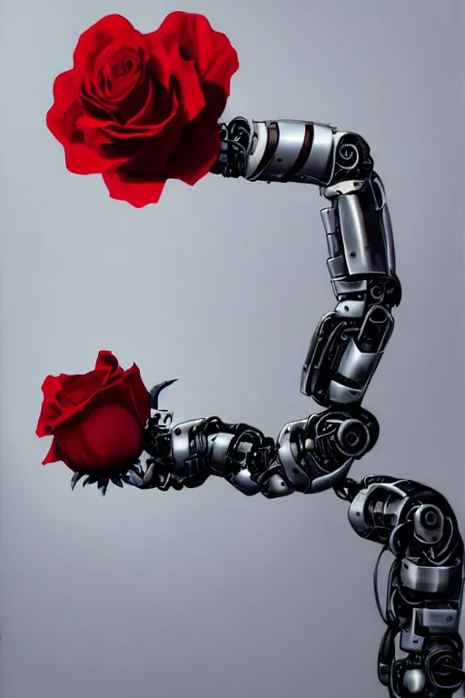 Prompt: a close-up portrait of a robotic arm holding a red rose, painted by Raphel, dramatic backlighting, autochrome, chiaroscuro, highly detailed, sharp focus, digital painting, concept art, illustration, rock, trending on artstation, art by Ruan Jia and Raphael, Art directed by Shepard Fairey, color scheme by Mandy Jurgens