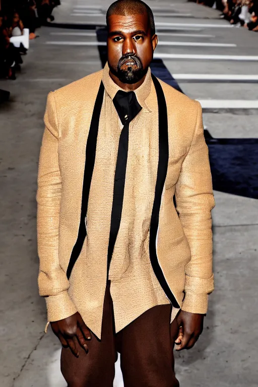 Prompt: kanye west wearing a suit made of steak, runway photo