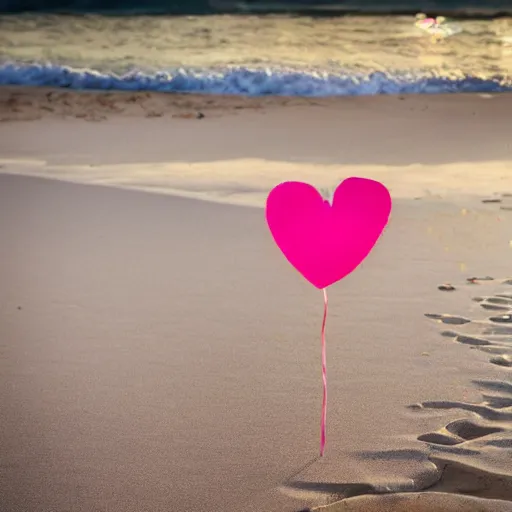 Prompt: a cute robot smiling holding heart balloons in the beach