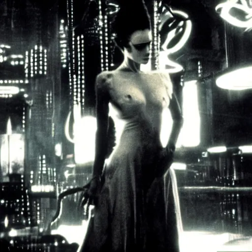 Prompt: cinematic portrait of bride of frankenstein as a replicant in a nightclub, frightened and angry, ready to fight, still from the movie bladerunner, fashion photography, a neon sign is in the background