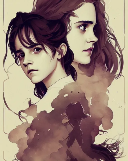 Image similar to Poster artwork, Emma Watson as Hermione Granger, medium shot, details, sharp focus, illustration, by Jordan Grimmer and Alphonse Mucha and greg rutkowski and PiNe(パイネ) and 薯子Imoko and 香川悠作 and maya takamura, intricate, beautiful, Trending artstation, pixiv, digital Art