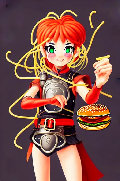 Prompt: A cute spaghetti-girl thief protagonist with leather-strap-armor and ninja weapons is exploring the tenth reality. A highly detailed fantasy character in the style of a McDonald's Burger