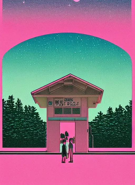 Prompt: realistic poster of stranger things, futuristic, dreamy, in shades of pink and green light, highly detailed, 8 0 - s style poster, sharp focus, illustration, art by kawase hasui,