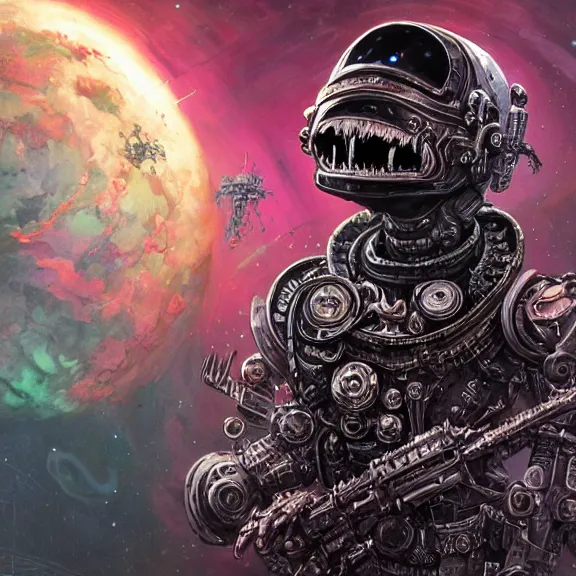 Image similar to a highly detailed undead space pirate portrait of an interstellar criminal radiating a dark unholy aura, an evil cosmic punisher, ornate black futuristic gothic armor, intricate broken space helmet, VR iridium visor, 8k, by Tristan eaton, Stanley Artgermm, Tom Bagshaw, Greg Rutkowski, Carne Griffiths, Ayami Kojima, Beksinski, Giger, trending on DeviantArt, face enhance, hyper detailed, minimalist, cybernetic, android, blade runner, full of colour,